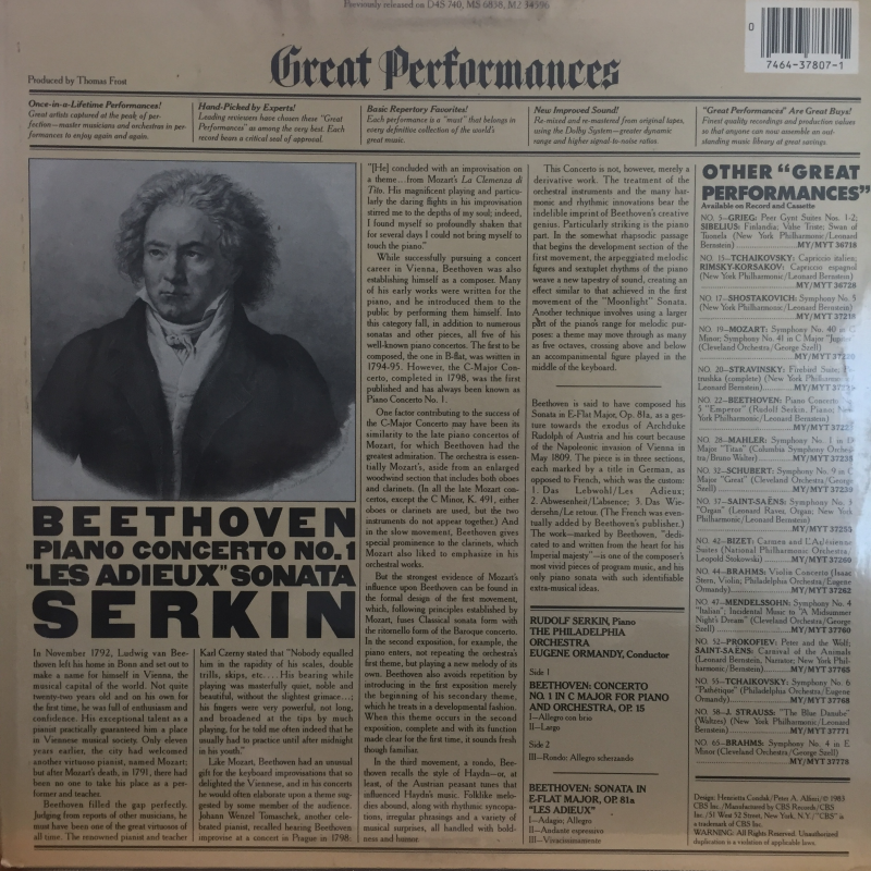 The Philadelphia Orchestra, Eugene Ormandy, Rudolf Serkin ‎– Beethoven: Piano Concerto No. 1 & 