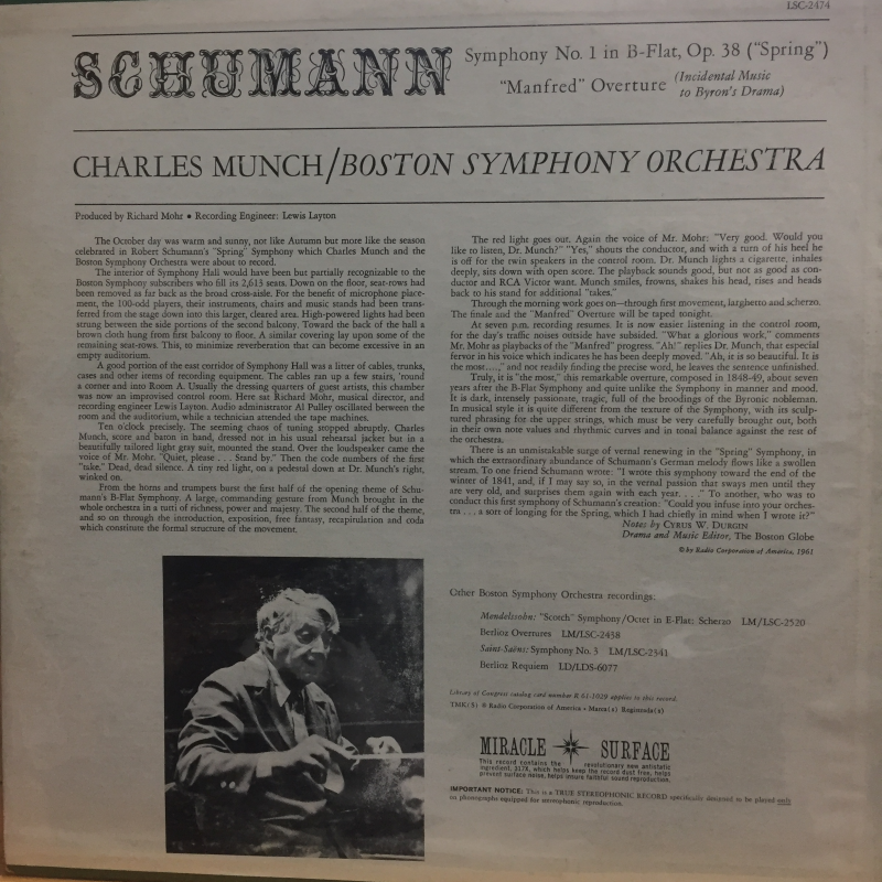 Schumann : Munch / Boston Symphony ‎– Spring Symphony And Manfred Overture