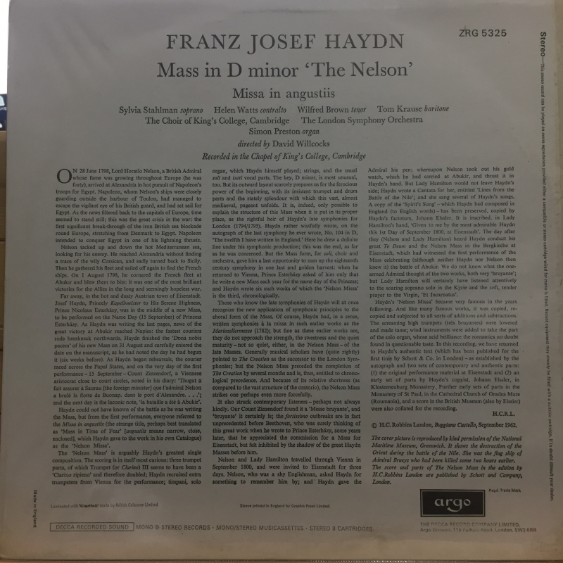 Franz Josef Haydn - Sylvia Stahlman, Helen Watts, Wilfred Brown, Tom Krause, The Choir Of King's College, Cambridge*, The London Symphony Orchestra, David Willcocks ‎– The Nelson Mass