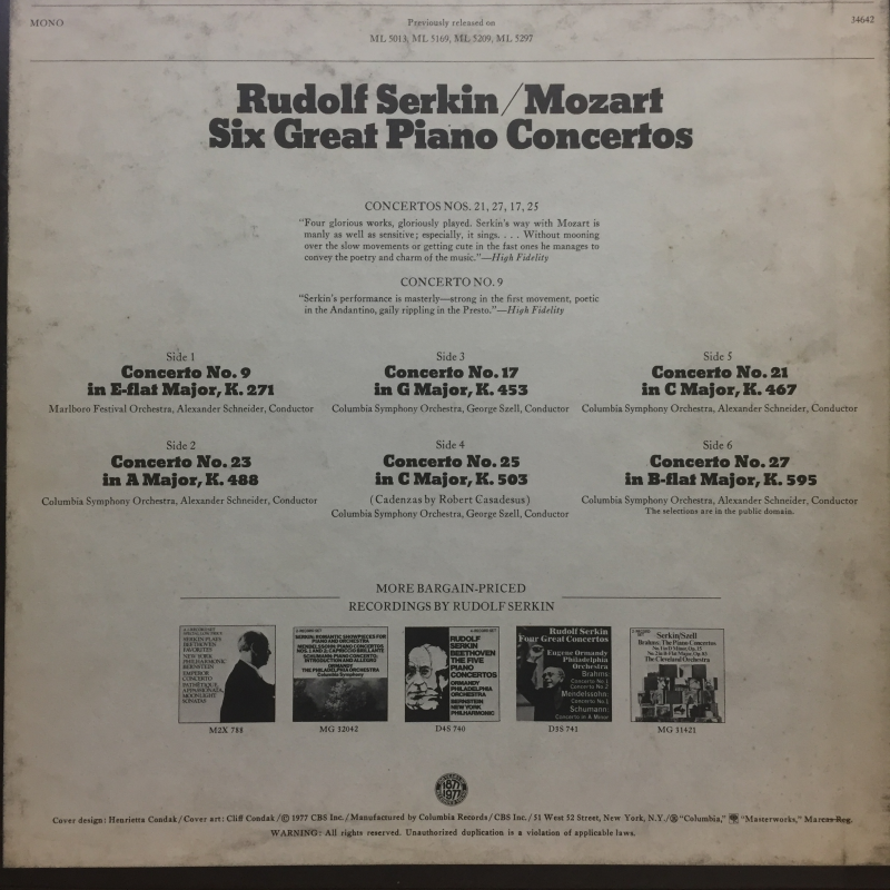 Rudolf Serkin Pianist George Szell / Alexander Schneider Conducting Columbia Symphony Orchestra And Marlboro Festival Orchestra ‎– Mozart/Six Great Piano Concertos