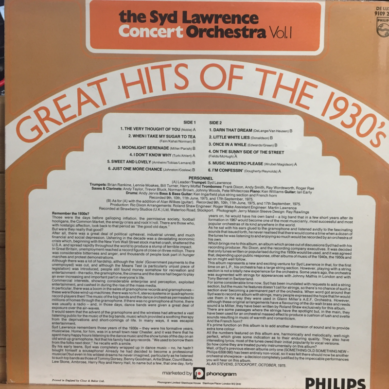 The Syd Lawrence Concert Orchestra* ‎– Great Hits Of The 1930's