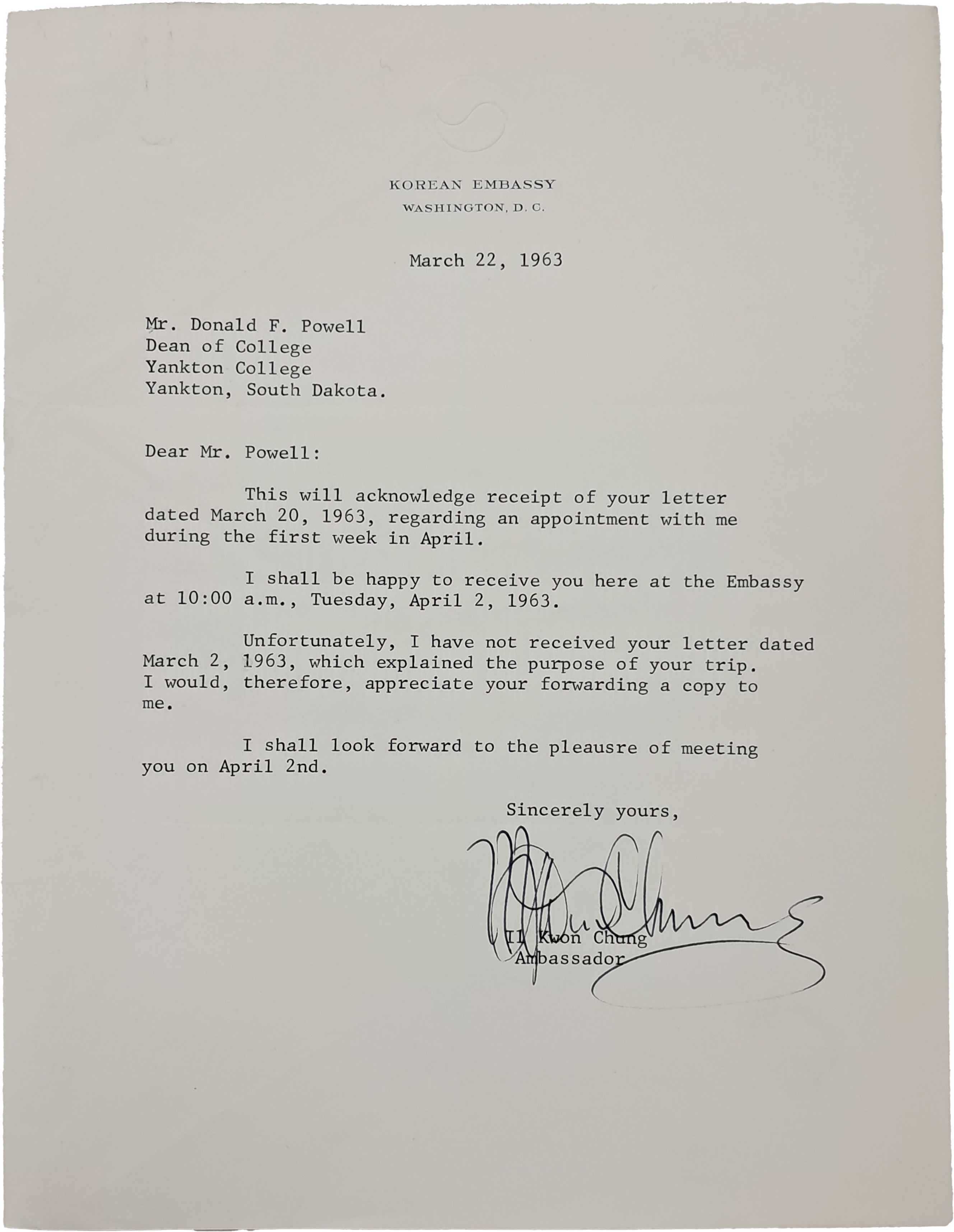 [117] 주미 대한민국대사 정일권 외교서한