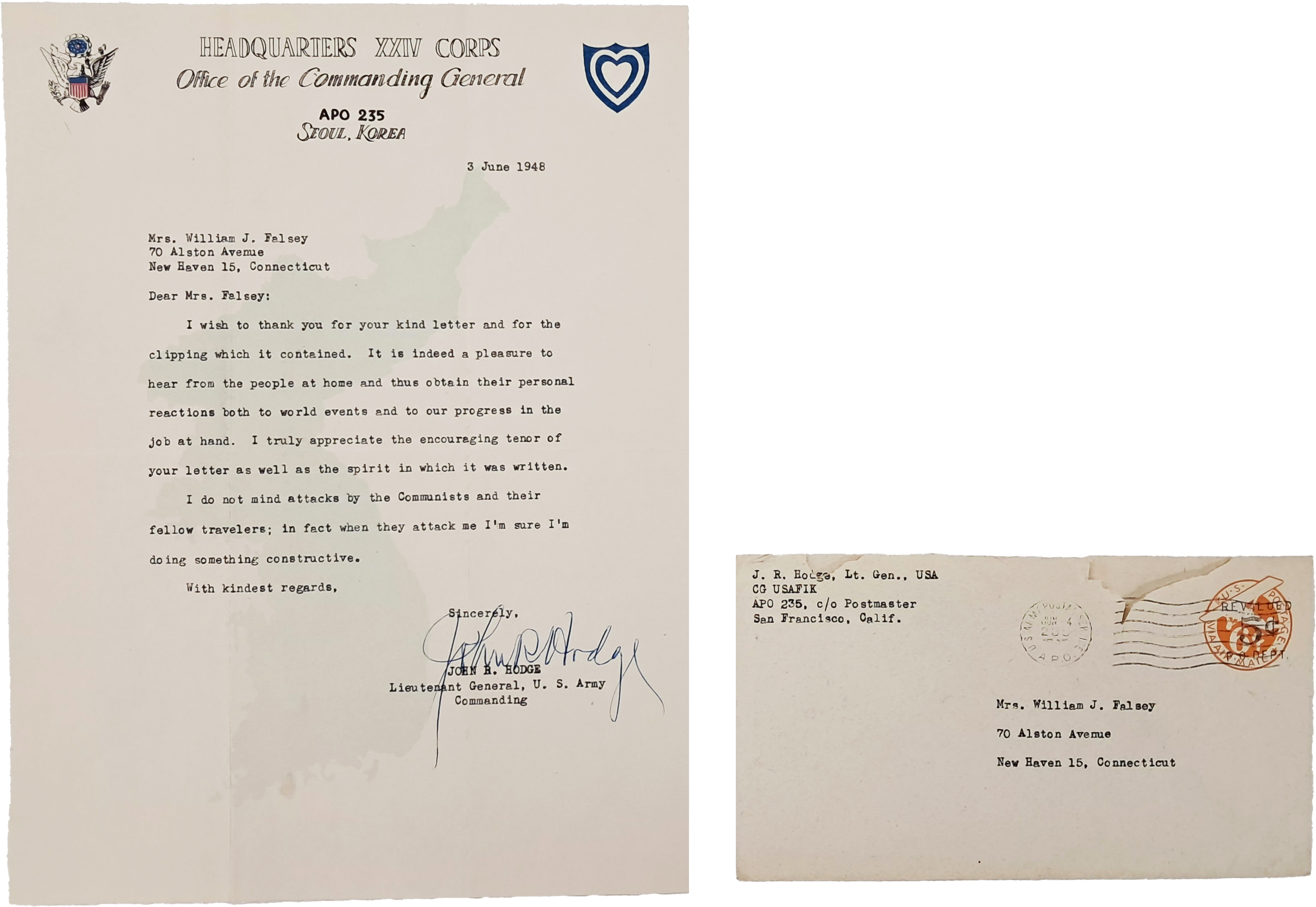 [194] 미군정 제24군단 사령관 하지 중장 서신 - 친필 서명