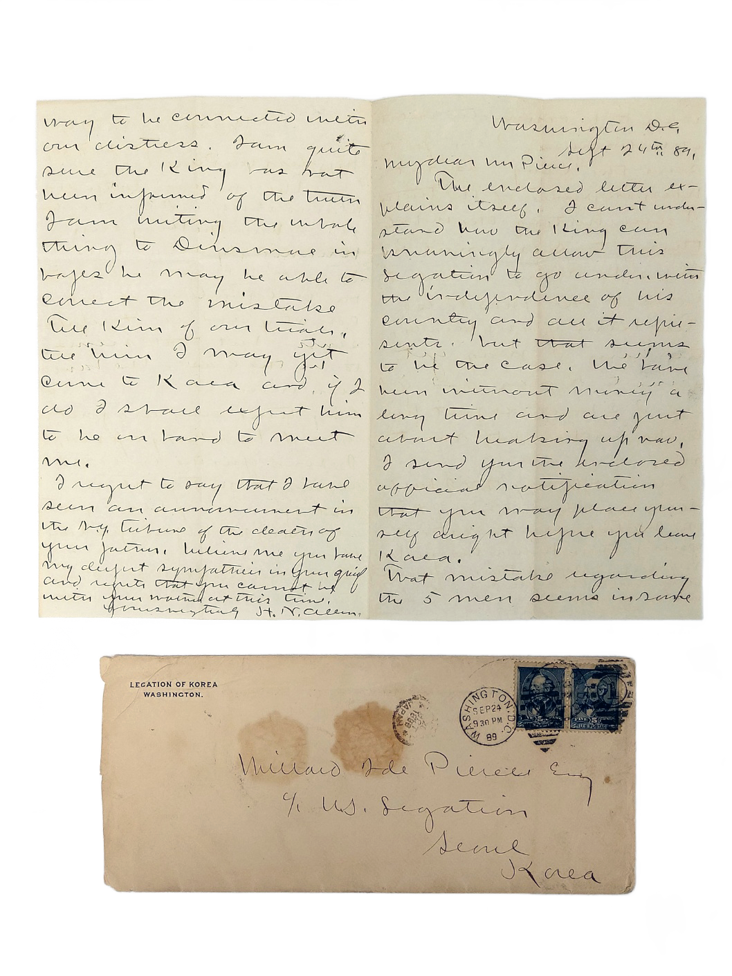 고종과 운산광산운영 대해 언급한 알렌의 친필 편지와 봉피