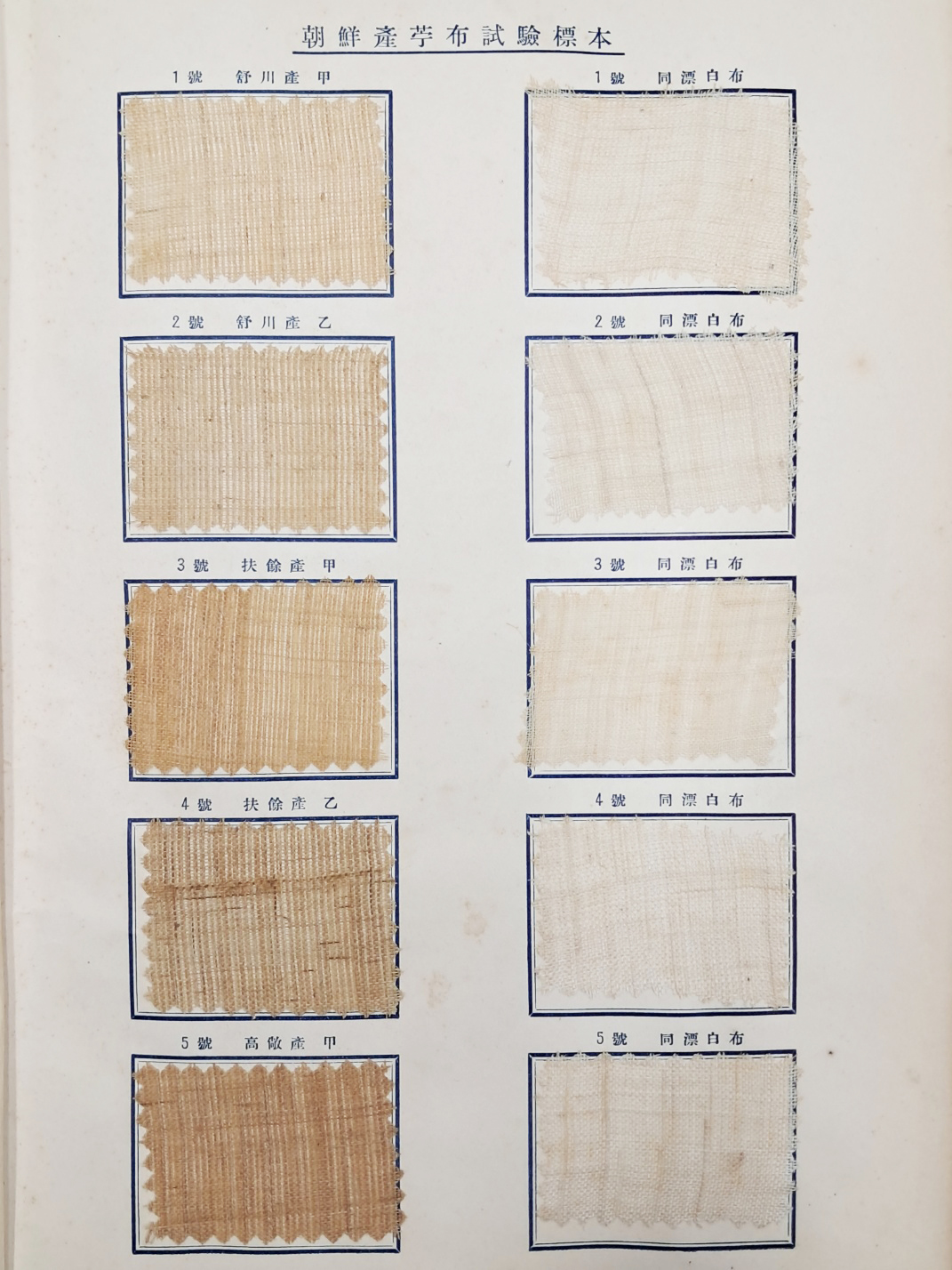 [269] 조선에서 생산된 마포의 품위와 개량 표준을 설명하고 각종 모시·삼베·방적포 등의 시험 표본이 부착된 [조선총독부중앙시험소보고 朝鮮總督府中央試驗所報告] 희귀자료