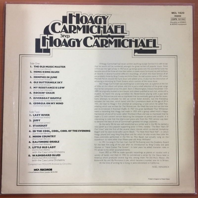 Hoagy Carmichael Sings Hoagy Carmichael LP MCA MCL1620 EX/EX 1970s Sings Hoagy C
