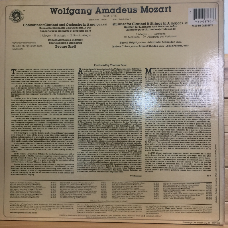 Mozart* — Robert Marcellus - Cleveland Orchestra* - George Szell - H. Wright*, A. Schneider*, I. Cohen*, S. Rhodes*, L. Parnas* ‎– Mozart Clarinet Concerto - Quintet for Clarinet & Strings