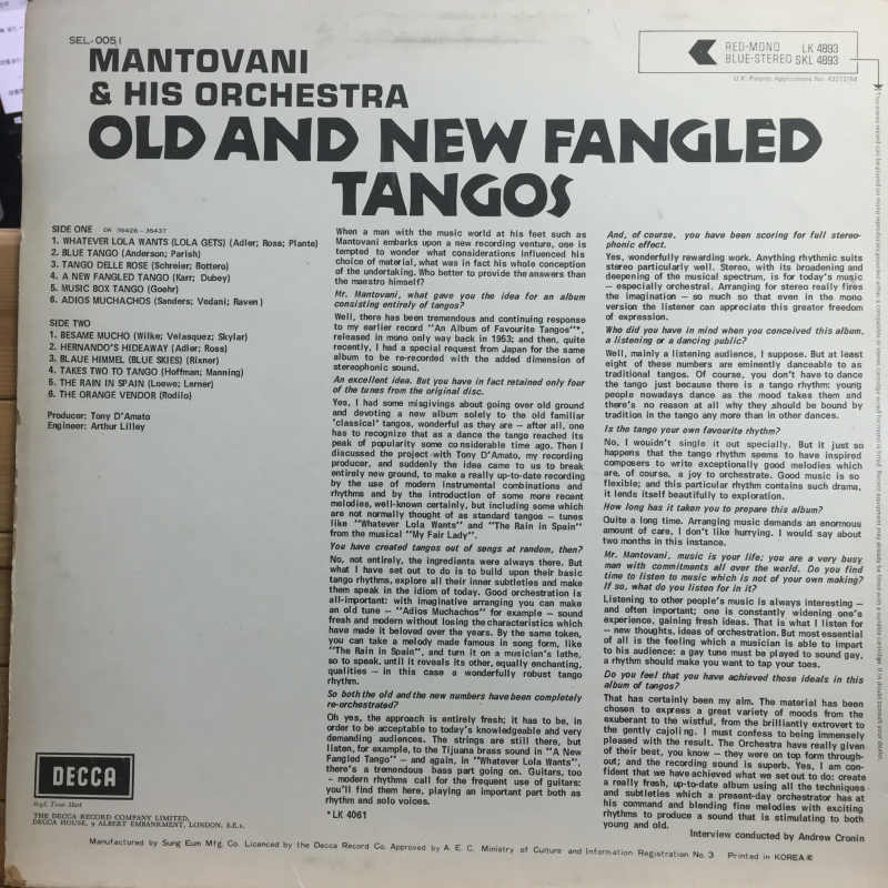 Mantovani & His Orchestra* ‎– Old And New Fangled Tangos