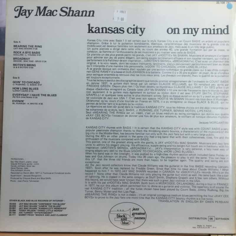 Jay Mac Shann ‎– Kansas City On My Mind