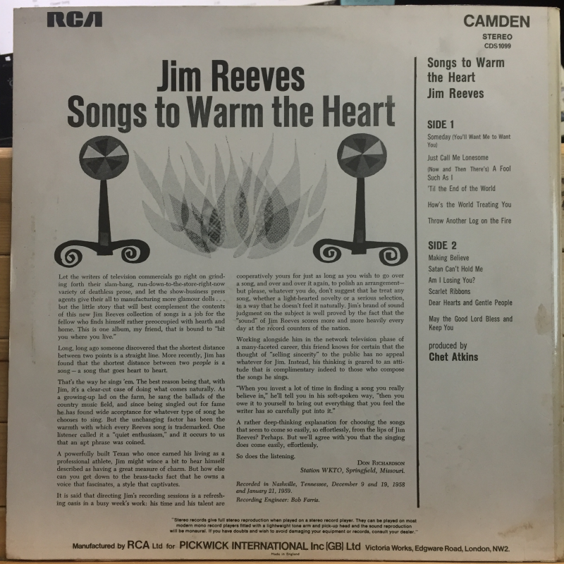 Jim Reeves ‎– Songs To Warm The Heart