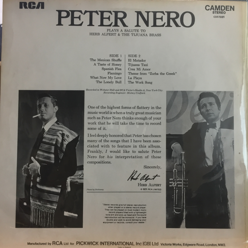 Peter Nero ‎– Peter Nero Plays A Salute To Herb Alpert & The Tijuana Brass
