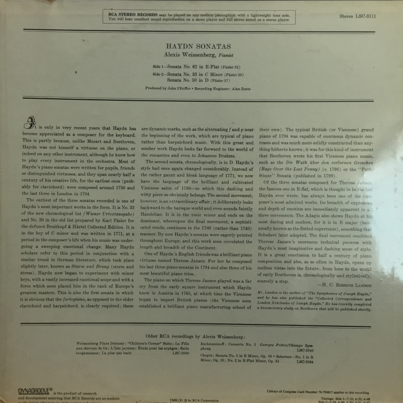 Weissenberg plays Haydn ‎– Sonatas No. 62 In E-flat / No. 50 In D / No. 33 In C Minor