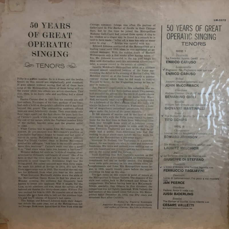 Various ‎– 50 Years Of Great Operatic Singing - Tenors