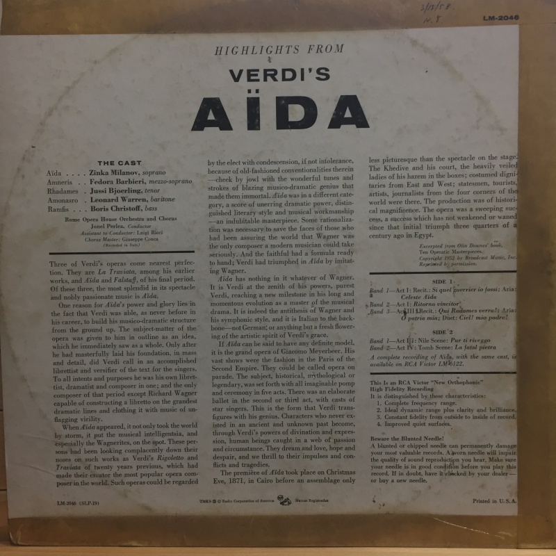 Verdi, Milanov, Barbieri, Bjoerling, Warren, Perlea ‎– Highlights From Verdi: Aïda