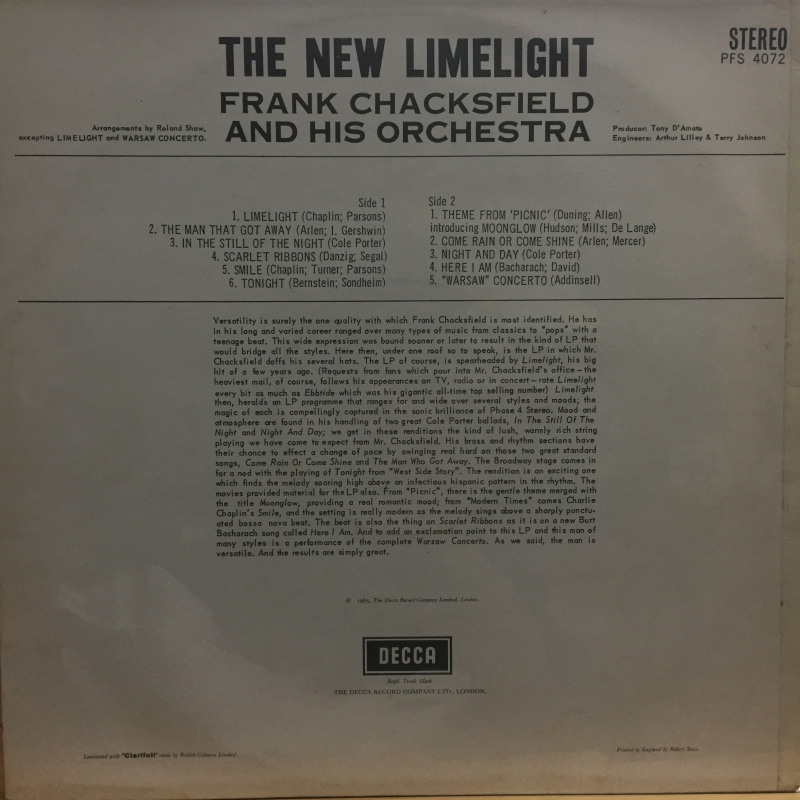 Frank Chacksfield & His Orchestra ‎– The New Limelight