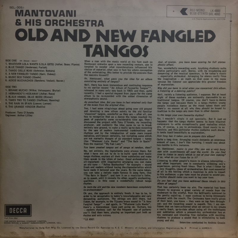 MANTOVANI  & HIS ORCHESTRA OLD AND NEW FANGLED TANGOS