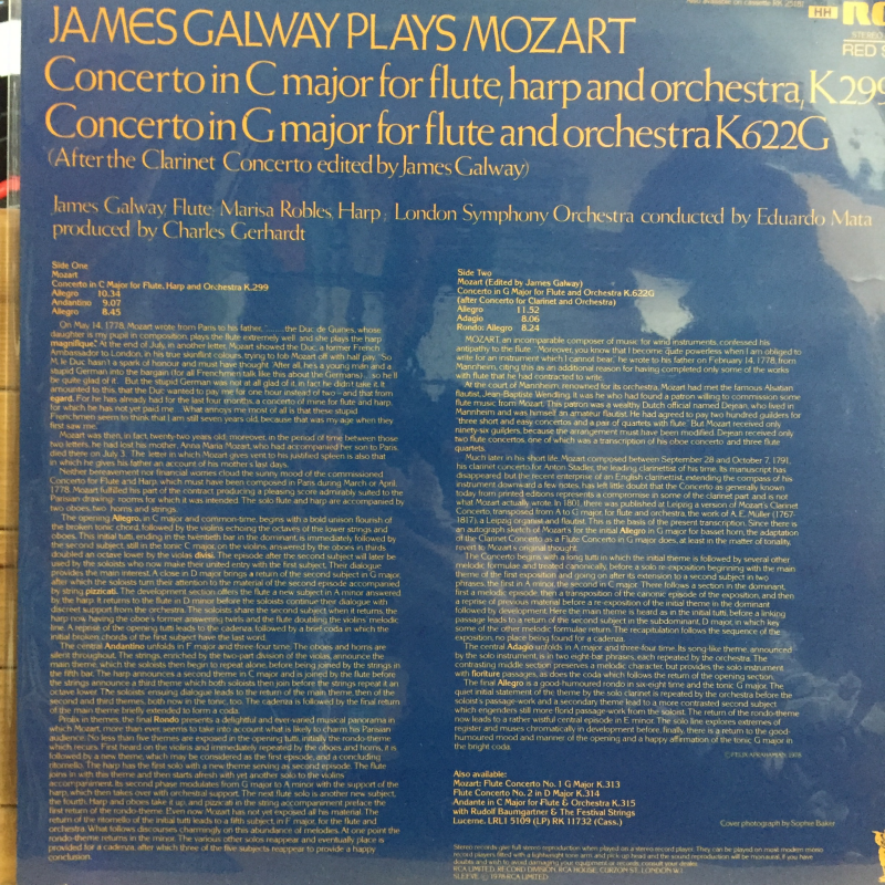 James Galway Plays Mozart With Marisa Robles, London Symphony Orchestra, Eduardo Mata ‎– Flute & Harp Concerto K299 / Flute Concerto K622G