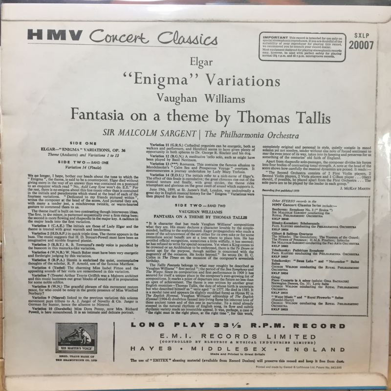 Elgar / Vaughan Williams*, Sir Malcolm Sargent | The Philharmonia Orchestra ‎– The Enigma Variations / Fantasia On A Theme By Thomas Tallis