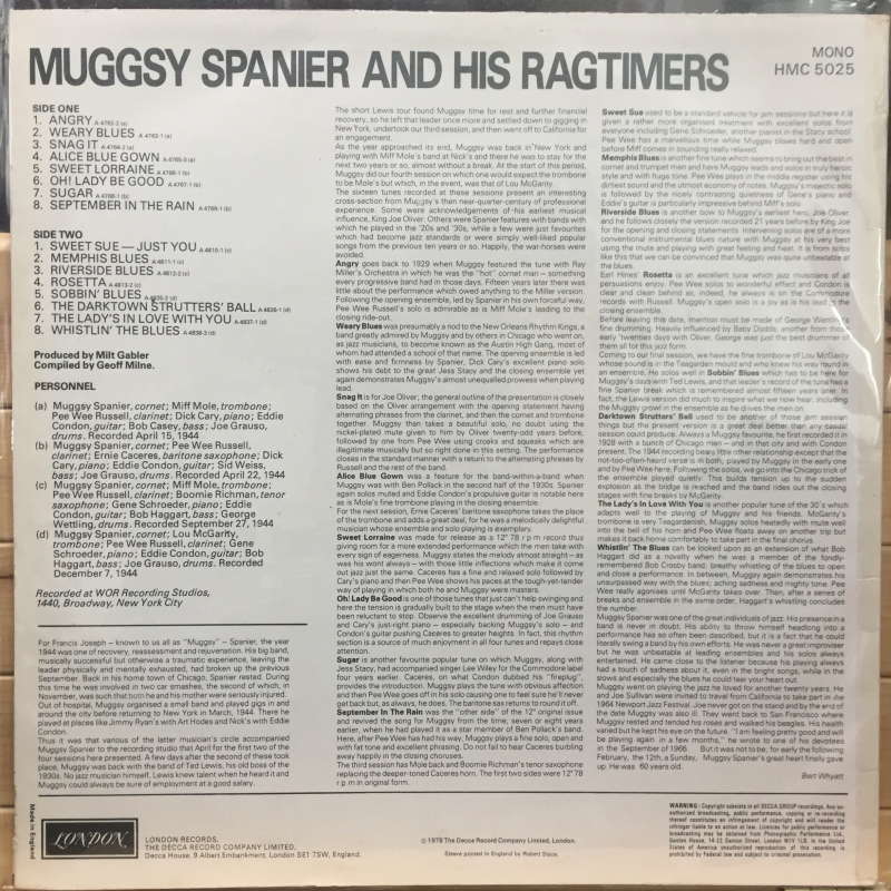 Muggsy Spanier And His Ragtimers ‎– Muggsy Spanier And His Ragtimers