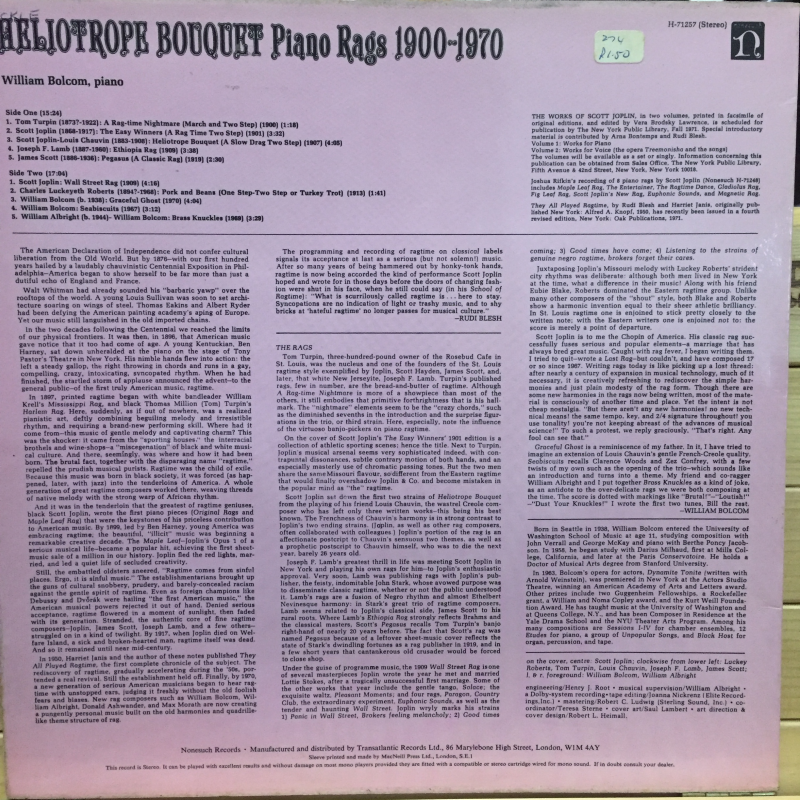 William Bolcom ‎– Heliotrope Bouquet - Piano Rags 1900 - 1970