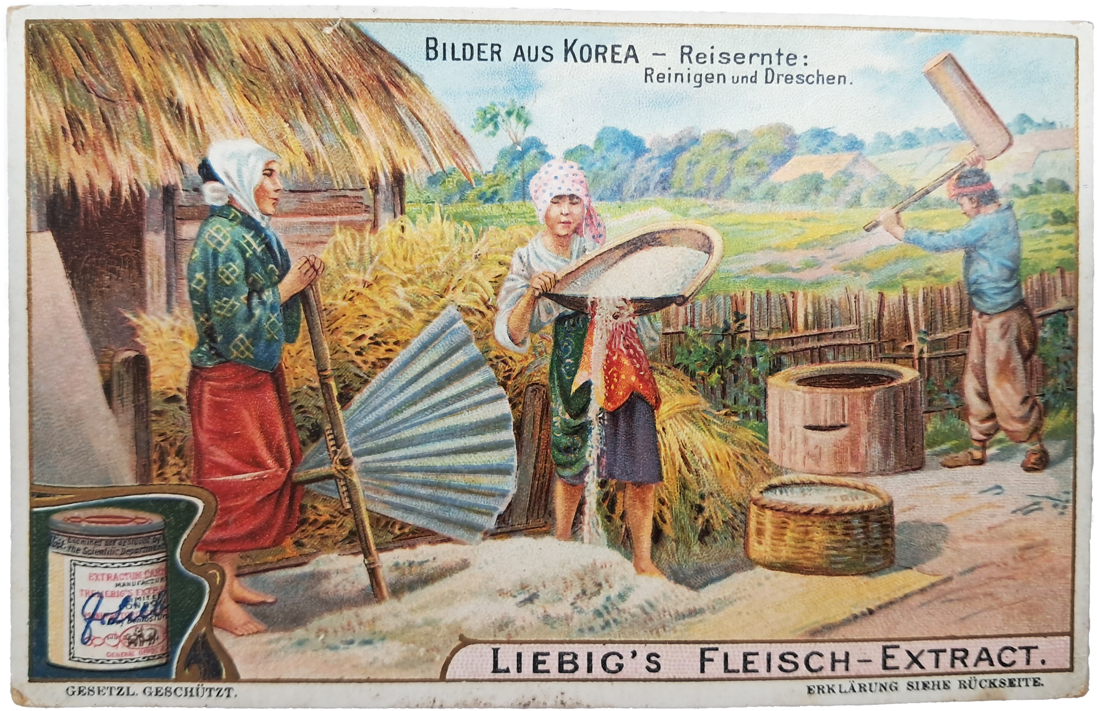 [39] 조선 풍경이 그려진 [LIEBIG'S FLEISCH-EXTRACT] 육가공품 마케팅 카드 - 키질하는 한국 사람들